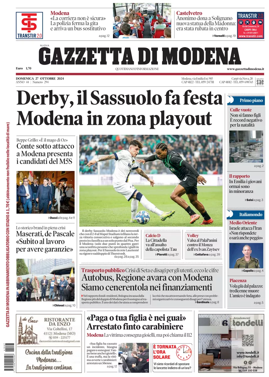 Prima-pagina-gazzetta di modena-oggi-edizione-del-2024-10-27